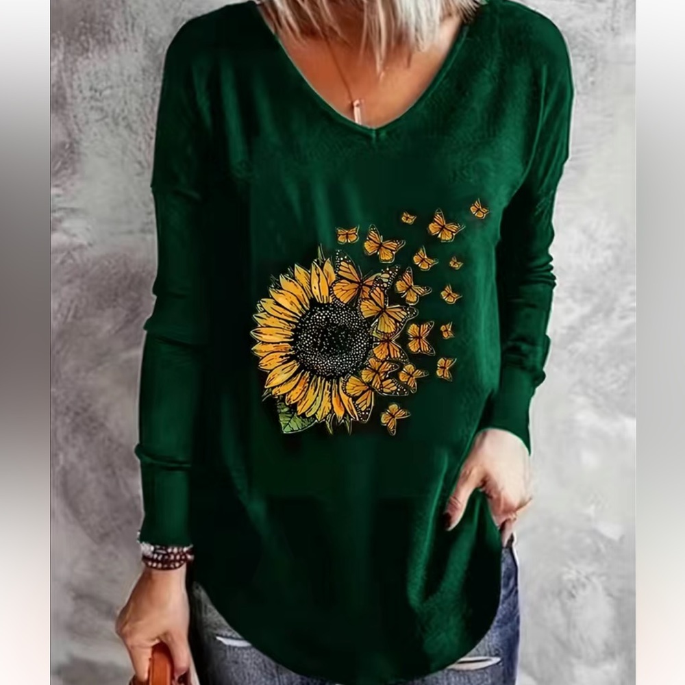 Sunflower & butterflies v-neck top